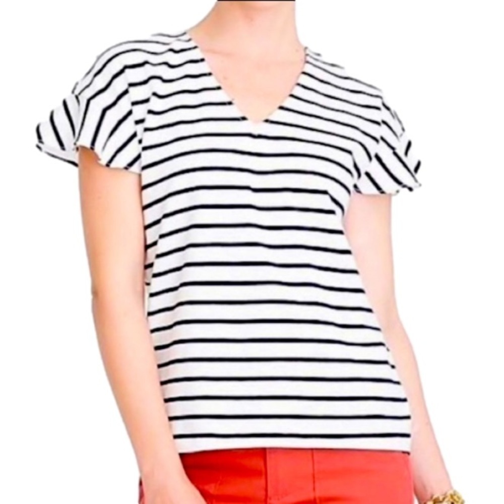 J CREW Factory V-Neck Tee Short Flutter Sleeve Blue/White Stripes Women Size XS